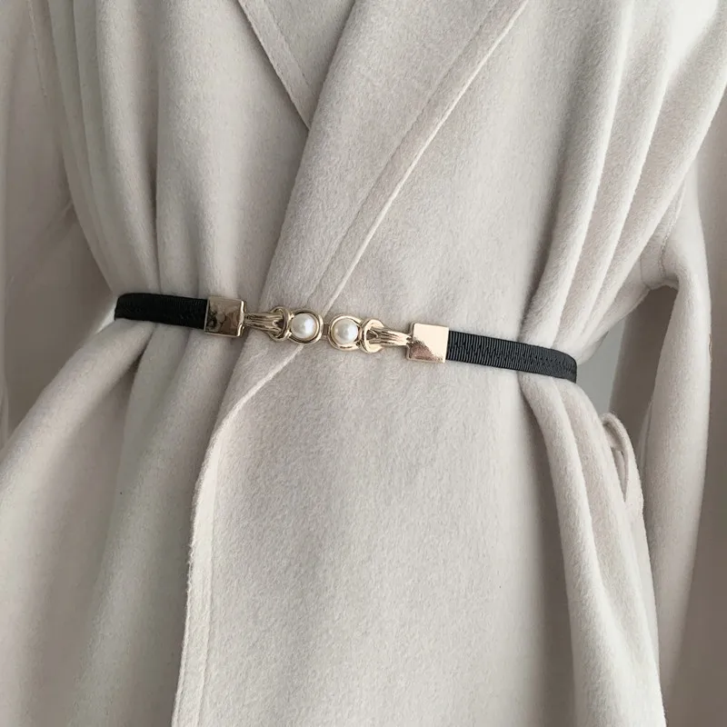 Elastic Women Thin Belt Pearl Pair Buckle Belt Simplicity Accessories Women's Clothing Collocation Skirt Collocation Belt