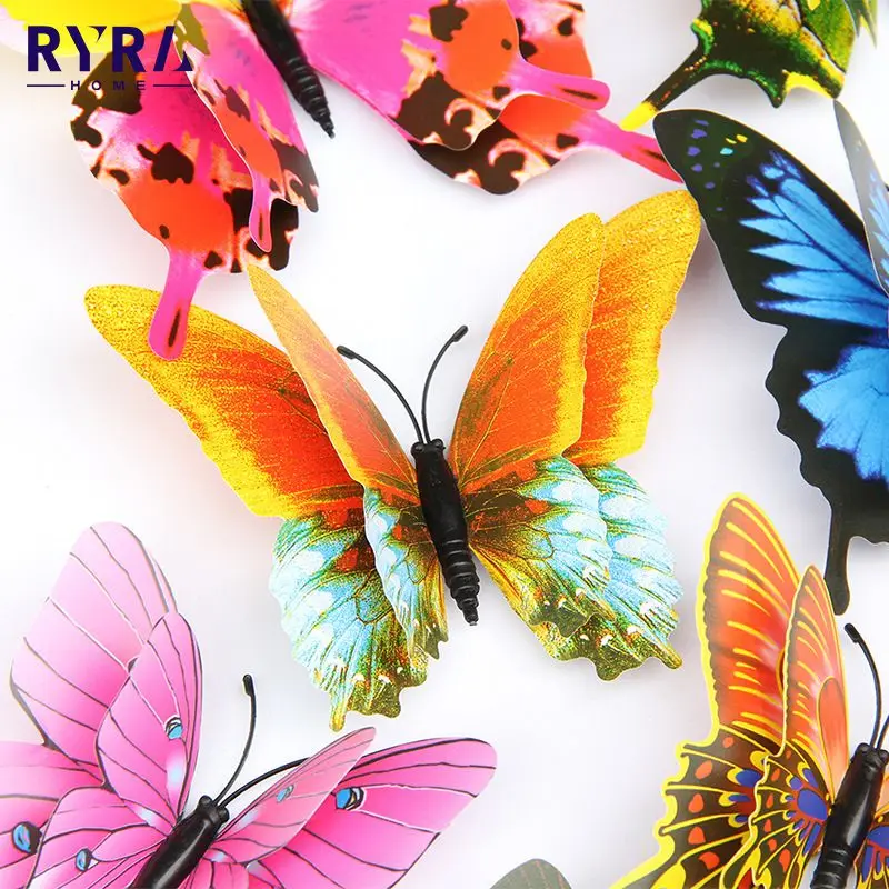 12pcs/set Multicolor Double Layer 3D Butterfly Wall Sticker PVC Butterflies Party Home Room Wall Door Fridge DIY Decoration