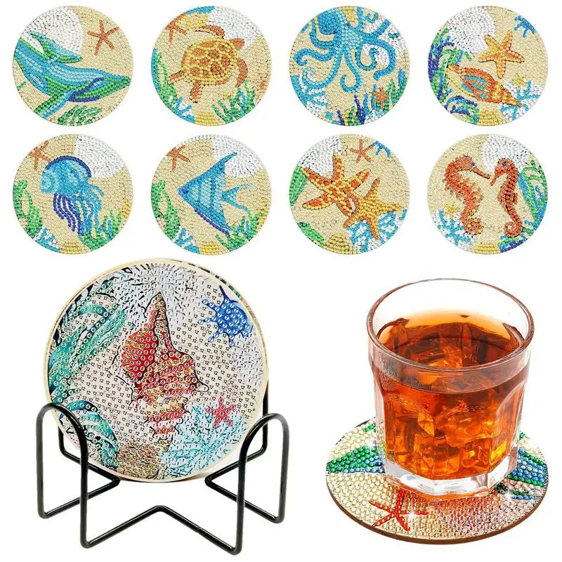 

Gem Dot Art Coasters Set Of 8 Ocean Animal Gem Dot Painting Coasters Coastal Beach Theme Cup Holder Set Housewarming Gift For