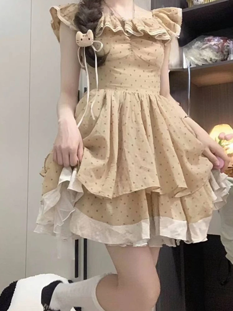 

Flying Sleeve Japanese Sweet Dress Women Ruffles Korean Fashion Party Mini Dress Female Dotted Patchwork Kawaii Vintage Dress