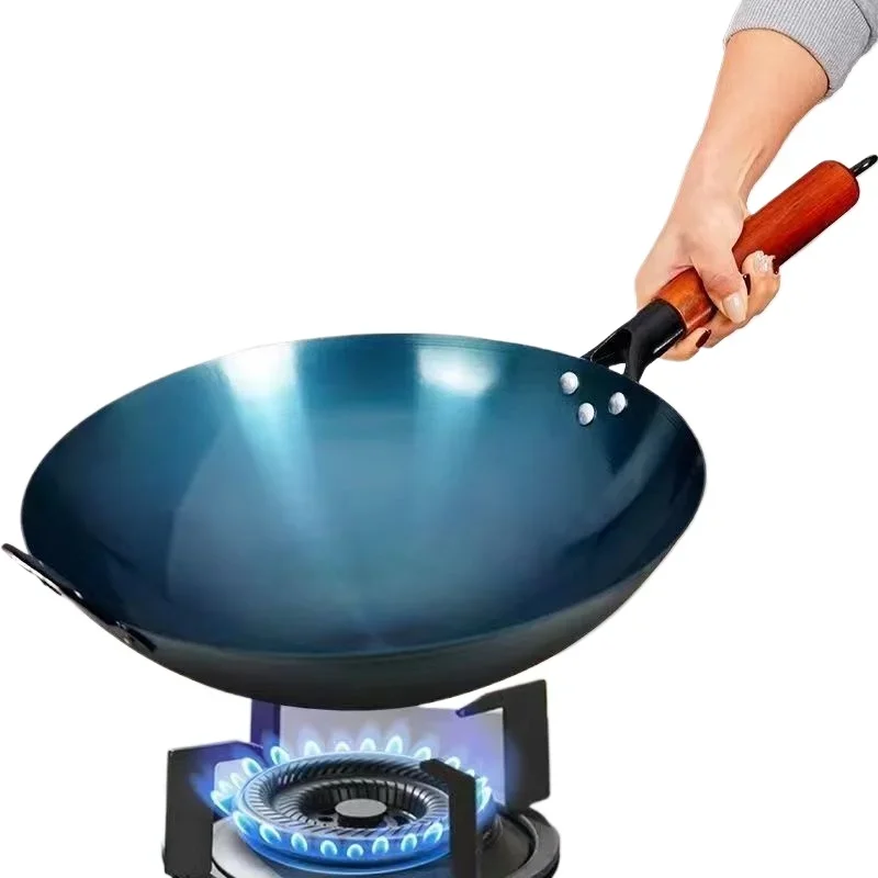 Железная сковорода вок 32 см для жарки и без химического покрытия с плоским дном