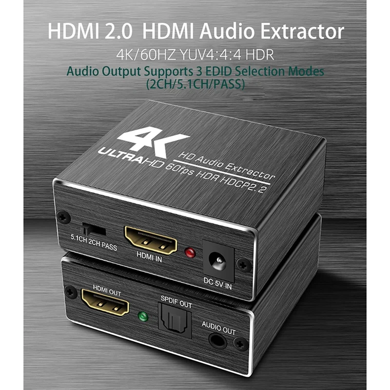 

HD Audio Extractor HDMI-Compatible to Optical SPDIF Splitter Support 4K 60Hz YUV 4:4:4 3D HDR Audio Converter Adapter