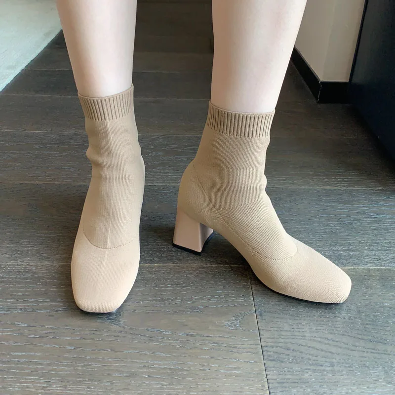 

Ankle Boots For Women Socks Shoes Fall Elastic Force High Heels Black Chunky Heels Knitting Short Boots Bottine Beige Femme