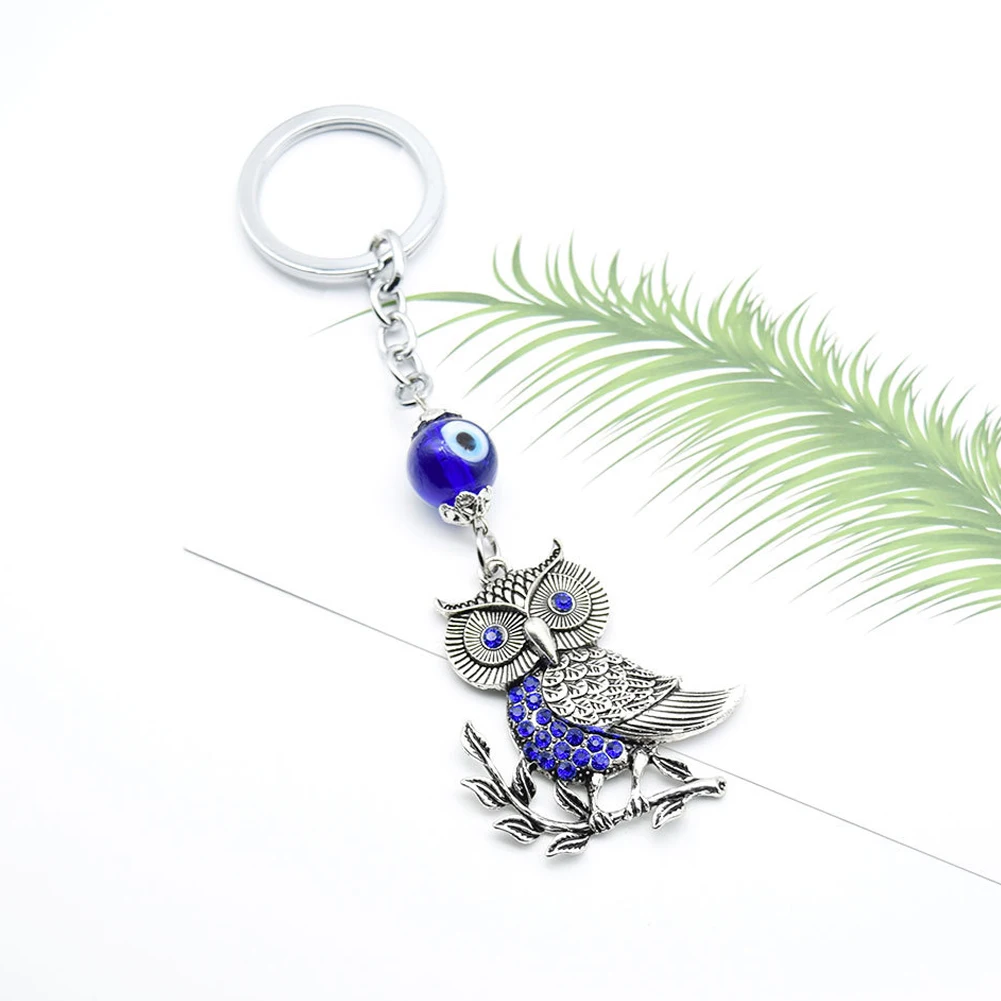 Owl Glazed Blue Eyes Keychain Metal Pendant Evil Devil's Eye Car Accessory Peace Hanging Anti Lost Key Ring Chain Noctua Jewelry