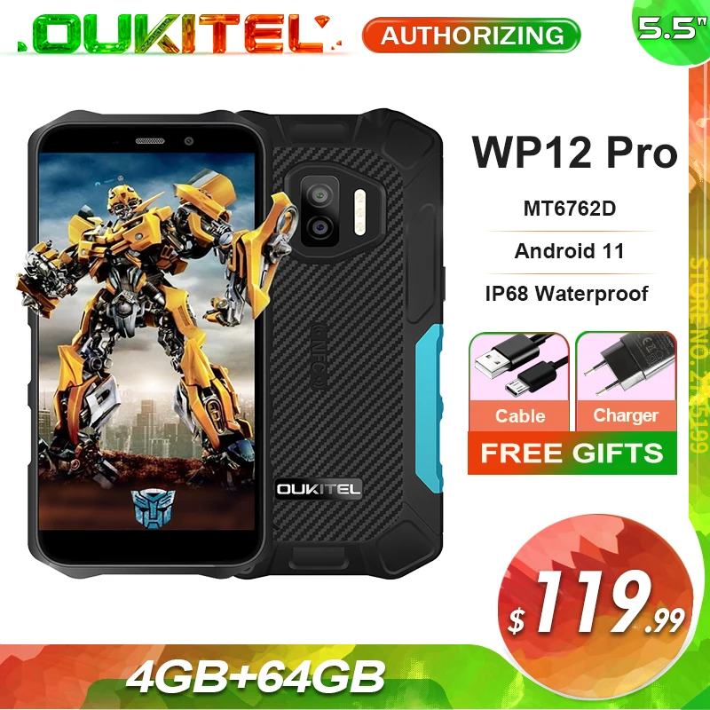 Смартфон OUKITEL WP12 Pro, 4 + 64 ГБ, IP68, Android 11, 5,5 дюйма, HD +, 4000 мА · ч, NFC