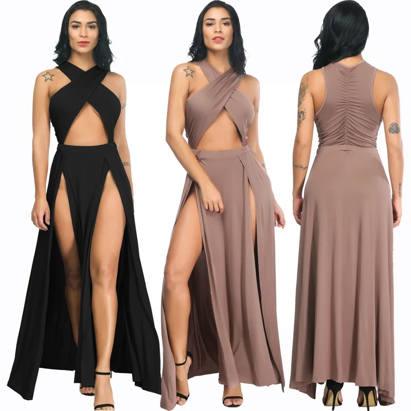 

Irregular solid color split pleated dress sexy evening dress