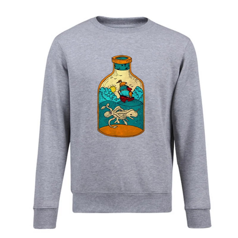 

Bottle Unisex Time Men Sweatshirt Novelty Design Vintage Painting Cartoon Ship Octopus Sea Whale Print Black Hoodie Streetwear