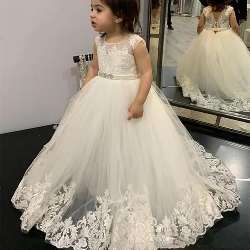

Beautiful Flower Girl Dresses For Wedding Jewel Pageant Gowns With Lace Applique Pearls Sash Floor-Length Girl Formal Party Gown