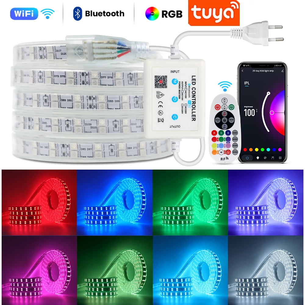 

Double Row RGB LED Strip 220V 5050 Super Bright 120LEDs/m Waterproof LED Ribbon RF Bluetooth Tuya Smart WiFi Control RGB Tape