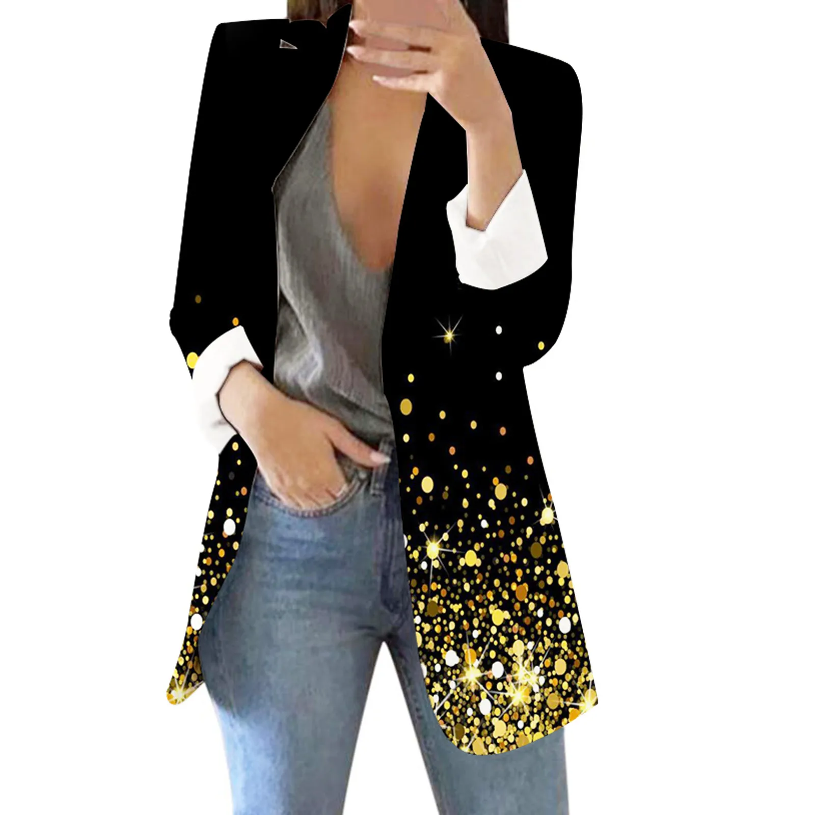 

Women's Blazer Jacket Sequin Gradient Printed Office Cardigan Formal Suit Long Sleeve Lapels Business Jacket Ladies Coat Tops