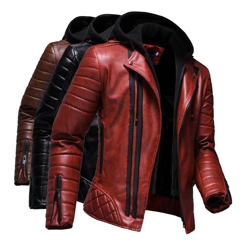 

Мужская кожаная куртка с капюшоном, красная мотоциклетная куртка большого размера, 2022
