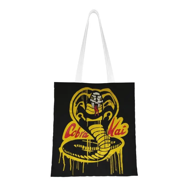 

Retro Cobra Kai Groceries Shopping Tote Bags Women Cute The Karate Kid Canvas Shoulder Shopper Bag Large Capacity Handbag