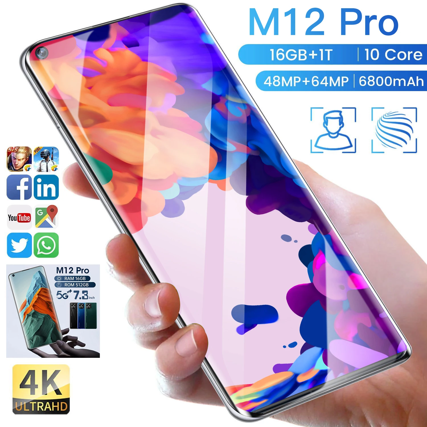 

Смартфон 2022 M12 Pro, 7,3 дюйма, 16 + 512 ГБ, 48 МП