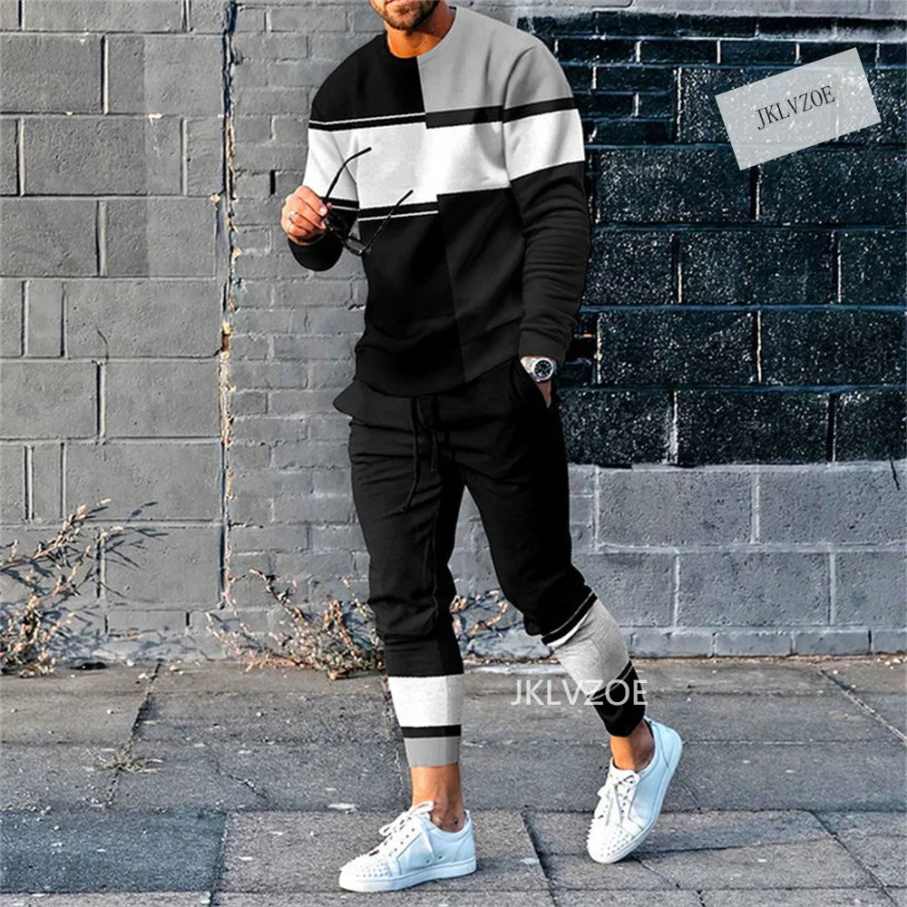 Summer Men's Sportswear Casual Long Sleeve Pants Striped Suit Men's Jogging Training Suit Two-piece Trendy Streetwear Plus Size