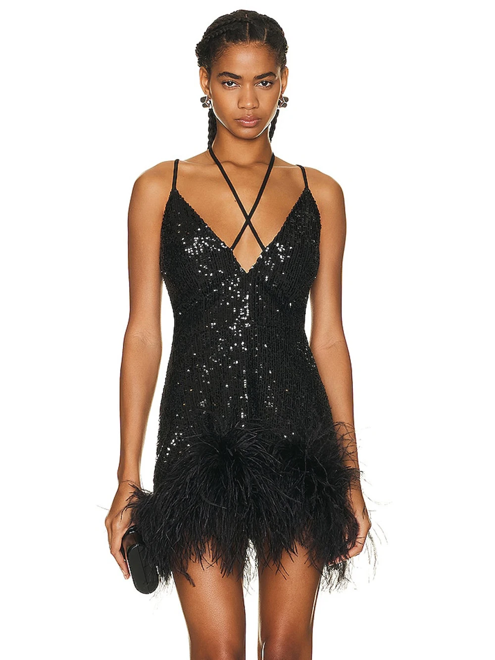 

Sexy Sequins Feather Pleated Mini Dresses Sling Women Backless V Neck Sleeveless Slim Vestidos Summer Night Club Party Robe