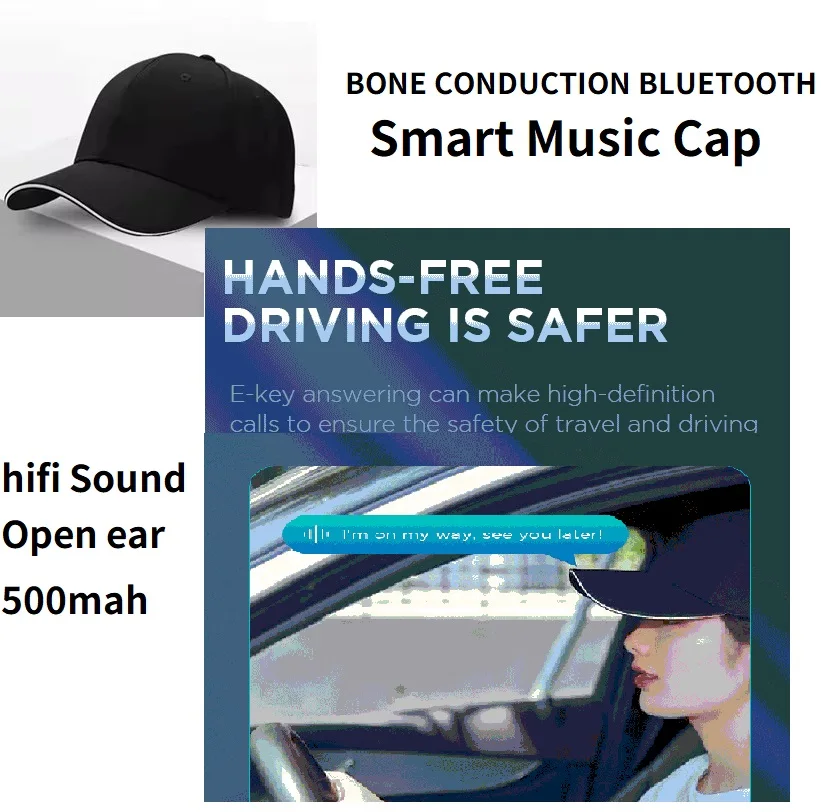 Фото Bluetooth кепка костной проводимости, регулируемая умная Bluetooth-шляпа, беспроводная умная бейсболка для занятий спортом на открытом воздухе, музыкальная бейсболка унисекс с открытым ухом №1