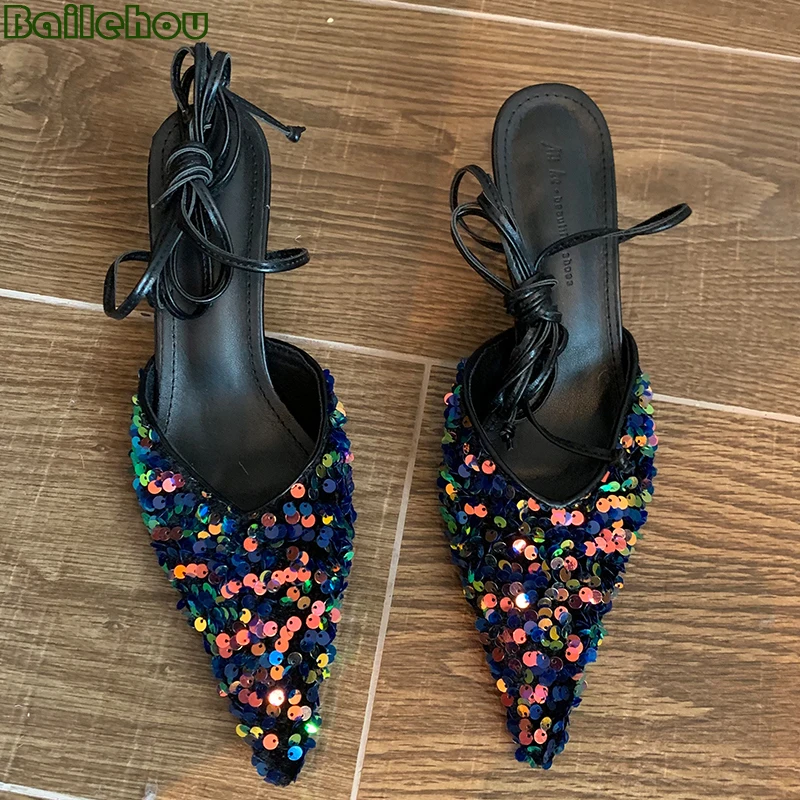 

Woman Pumps Ladies Sandals Fashion Pointed Toe Female Shoes For Women 2022 Summer Fashion Bling Ankle Cross-Tied High Heels