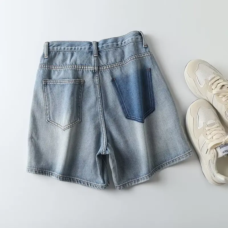 Withered American Retro Washed Old Contrast Denim Shorts High Waist Casual Bermuda Women