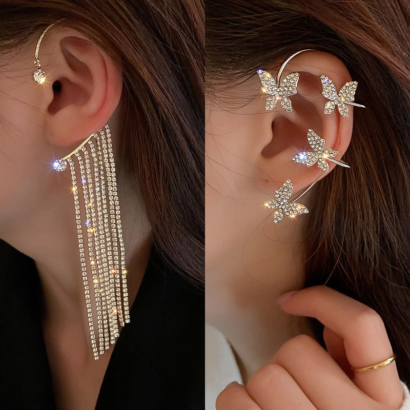 

Crystal Rhinestone Long Tassel Ear Cuff Butterfly Clip Earrings for Women Shiny Ear Bone Clips No Piercing Earring Jewelry Club