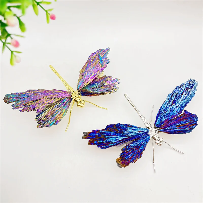 

Natural Tourmaline Mineral Plating Crystal Dragonfly Ornaments Metal Figurines Home Decoration Accessories