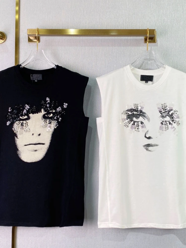 

Women Tops 2022 Spring and Summer New 100% Cotton Round Neck Vest Face Printing Sequins Sleeveless T-shirt Women Top