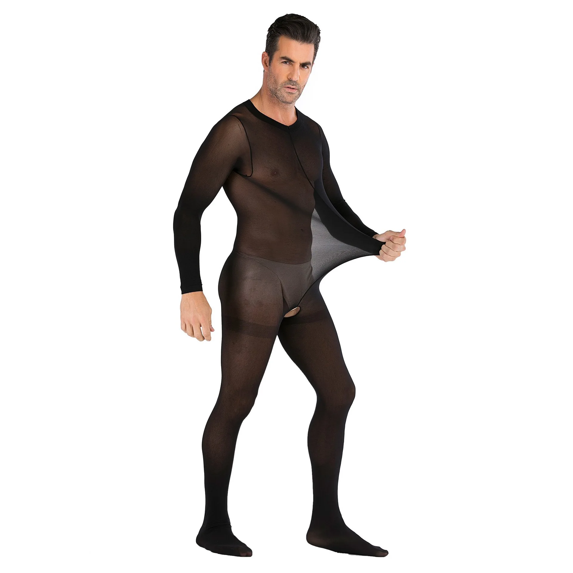 Men's One-piece Stockings Long Sleeve Club Open File Sexy Pajamas JJ Set Of Sex Perspective Suit Mesh Hollow