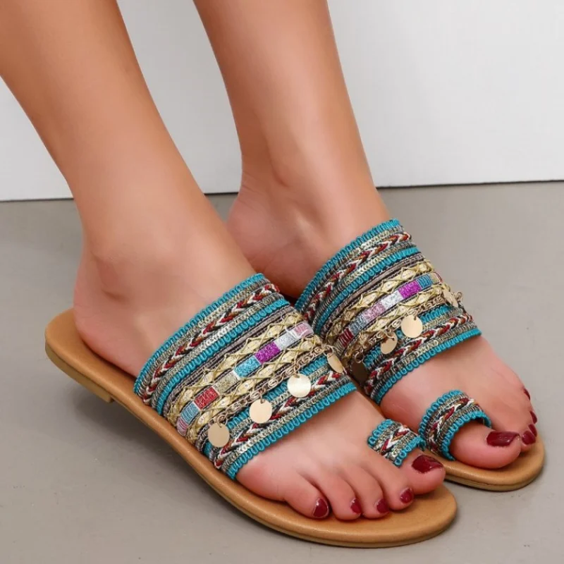 

New Women Sandals Summer Flats Casual Peep Toe Ladies Shoes Slip on Sequin Flip Flops Bohemian Sandalias Ethnic Style Plus Size