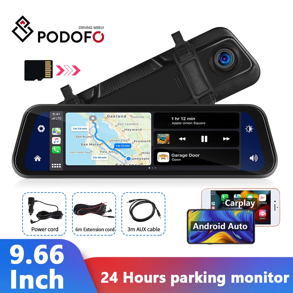 

Podofo 9.66 Inch Car DVR Mirror 1080P Rearview Dash Cam Stream Media Car Video Recorder Dual Lens Support Night Vision Carplay