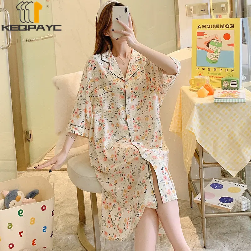 New 2023 Women's Sweet Nightgowns Spring Autumn Women Fashion Lapel Floral Thin Loose Shirtdress Sleepwear Casual Pajamas