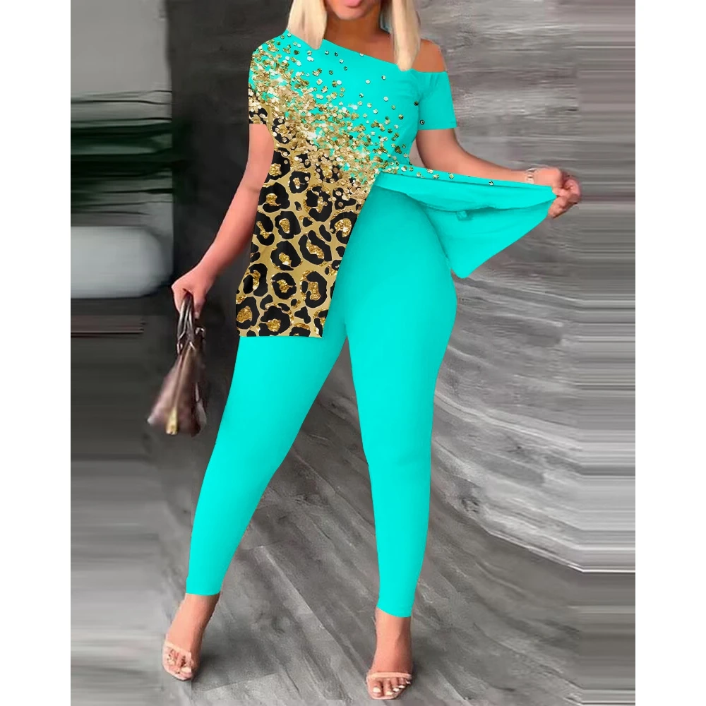 Casual Summer Women Contrast Leopard Print Skew Neck Slit Top & Pants Set Female Short Sleeve 2 piece Suit Sets New IN Outfits