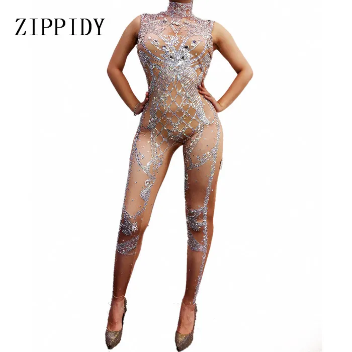 

Sparkly Silver Crystals Jumpsuit Women Birthday Celebrate Nude Costume Female Singer Bling Bodysuit Performance Dance Wear