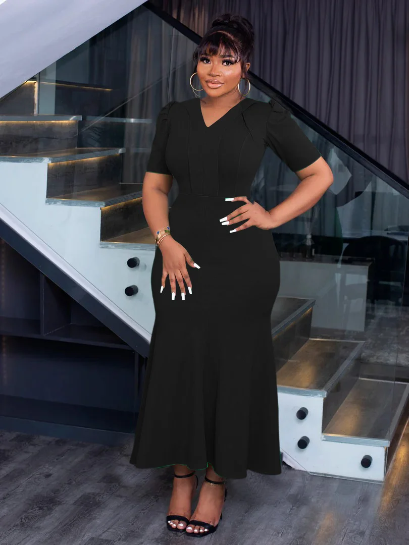 

Cutubly Women Puff Sleeve Formal Mermaid Dresses 2023 Fall New V-Neck Bodycon Evening Party Dress Elegant Slim Ruffles Gowns