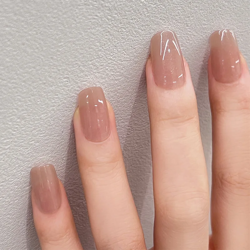 

2023 Press on Nails Medium Length Fake Nails Nude Nails Square Glossy Stick on Nails 24 PCs/Set For Women Summer