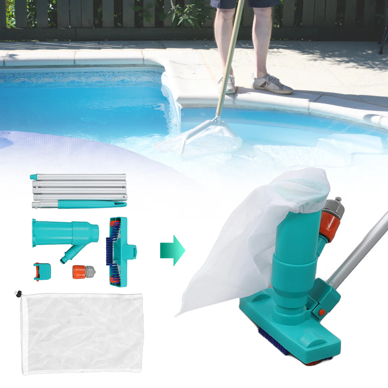 

Вакуумный очиститель для бассейна, инструмент для подводной очистки, с фильтром и щеткой-соединителем, для наземных бассейнов, прудов, фонтанов
