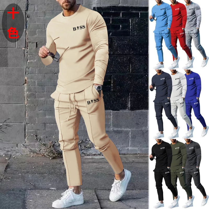 Men's Spring Autumn Summer Round Neck Long Sleeve T-Shirt Trousers Set Men's Clothing Casual Fashion Sports 2-Piece Sportswear