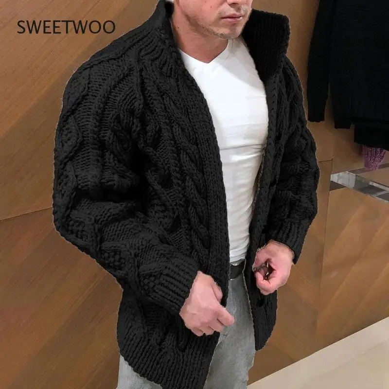 Men' Sweater Coat Autumn Winter Fashion Warm Knitwear Jackets Solid Color Button Stand Collar Cardigan Male Knitted Overcoat