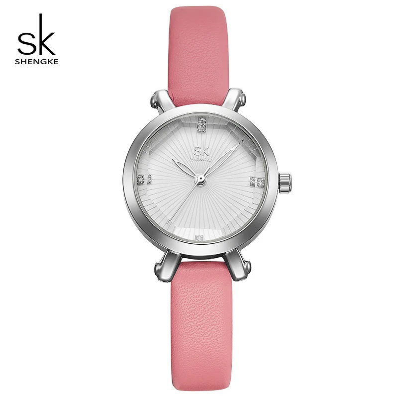 

Shengke Pink Watch For Women Cutting Creative Dial Women Watch Leather Comfortable Slim Strap Precise Quartz Montre Femme