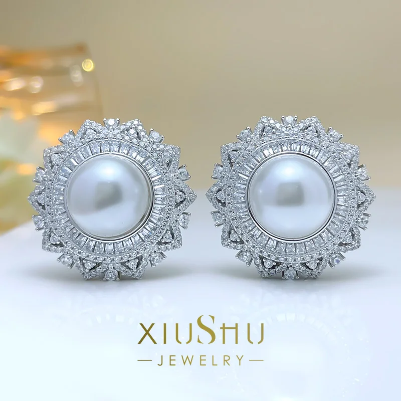 

10 Carat Luxurious Fritillaria Pearl Earrings For Women'S Advanced Ear Buttons Full Of Diamonds, High Sense Of European And Amer