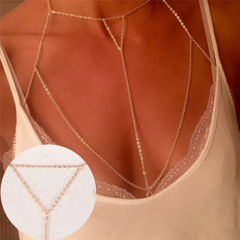 

Hot Fashion Gold Silver Link Chain Bra Multilayer Sexy Beach Bikini Harness V Necklaces Women Body Chain Jewelry Gift