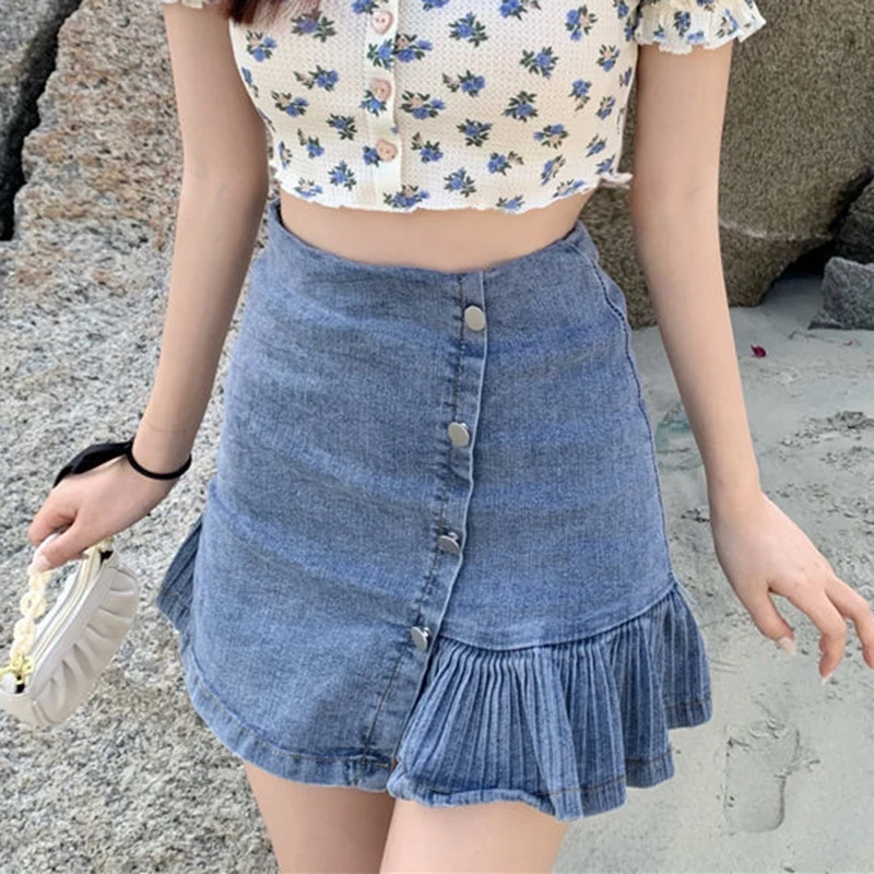 

Summer Blue Denim Pleated Skirts Women 2022 Sexy High Waisted Mini Skirt Woman High Street Button Decoration Jeans Skirt