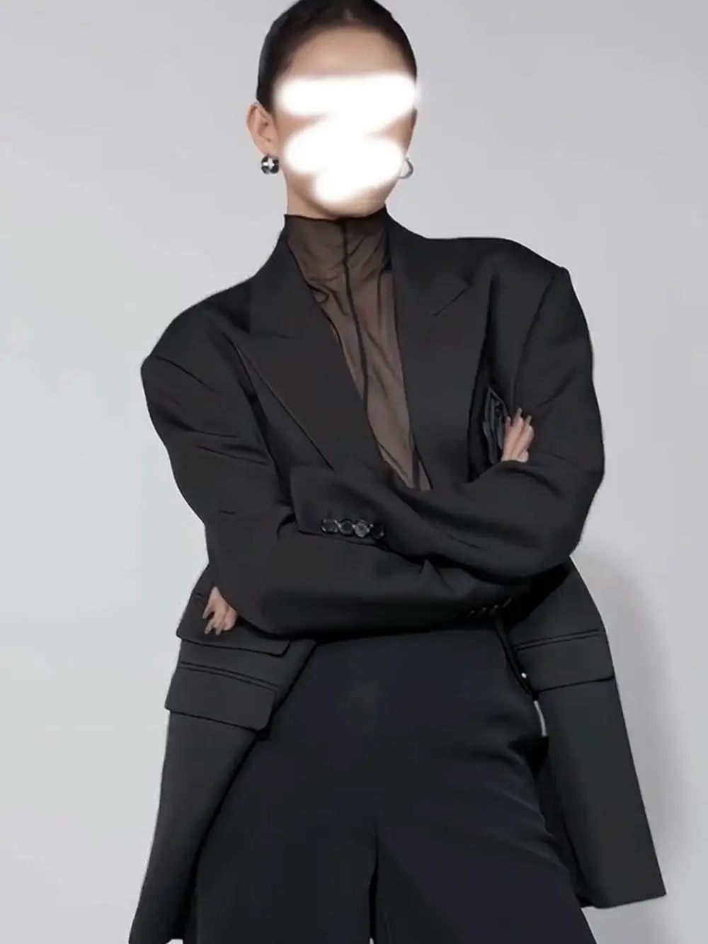 Black Temperament Blazer For Women Peaked Lapel Long Sleeve 3D Flower Design Single Breasted Coat 2023 New Fashion Female Jacket