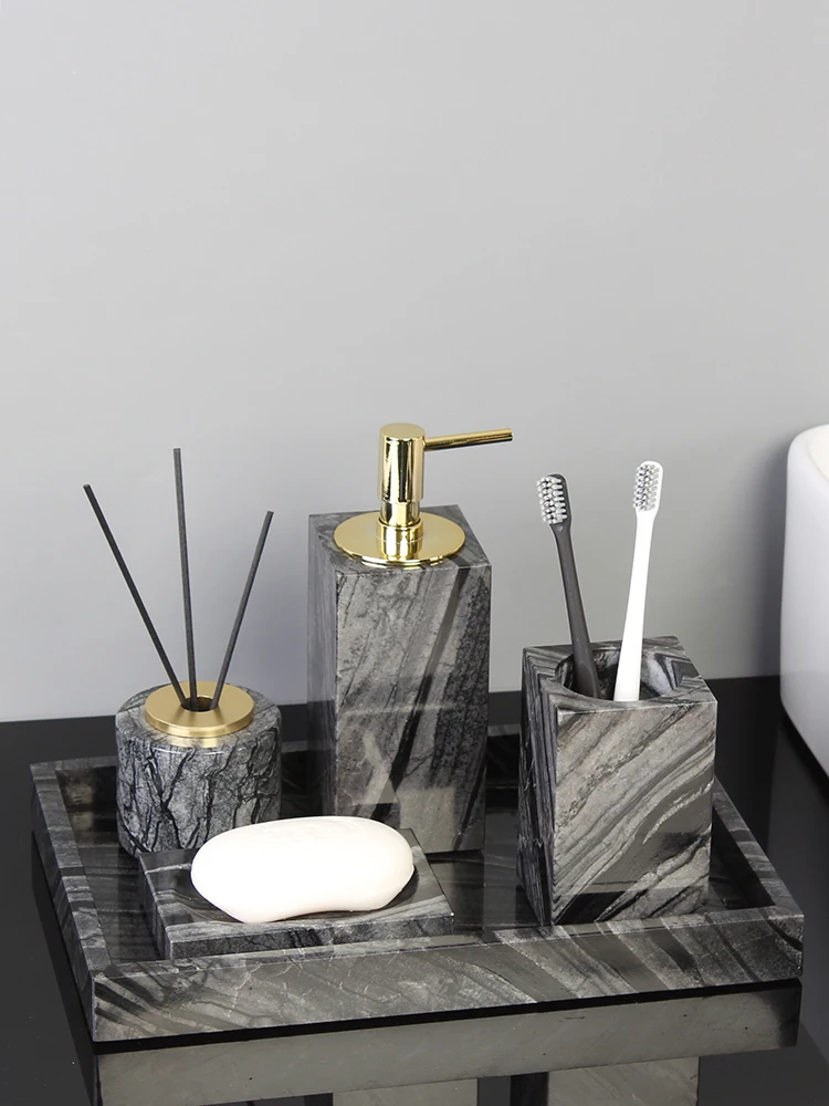 

Tree Black Natural Marble Set for Bathroom Luxury Cotton Swabs Container Soap Dispenser Soap Dish Tray Bathroom Accessories