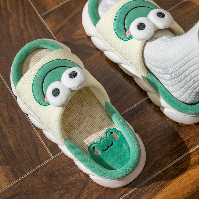 

Disney Cute Slippers Cartoon Women Four Season Home Non Slip Thick Sole Mute Hemp Linen Slippers Kawaii Frog Men Indoor Shoes