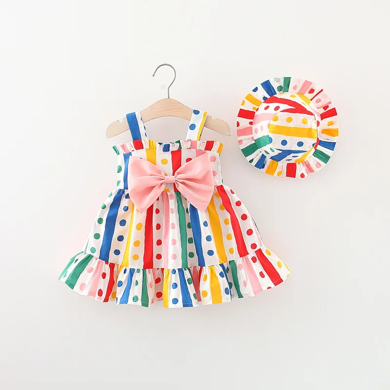 Big bow baby dress lovely summer baby dress color sleeveless cotton baby dress+sun hat newborn clothing suit baby dress 1-3Y