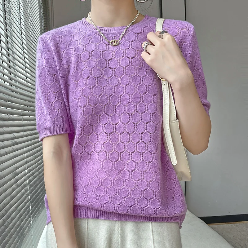 100% чистый свитер женский ажурный с коротким рукавом свободный футболка