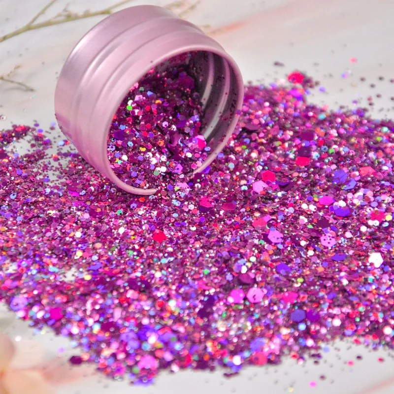 

Nail Art Mixed Hexagon Laser Color Glitter Holographic 3D Shining Sparkle Holographic Chunky Glitter Flakes Powder For Crafts