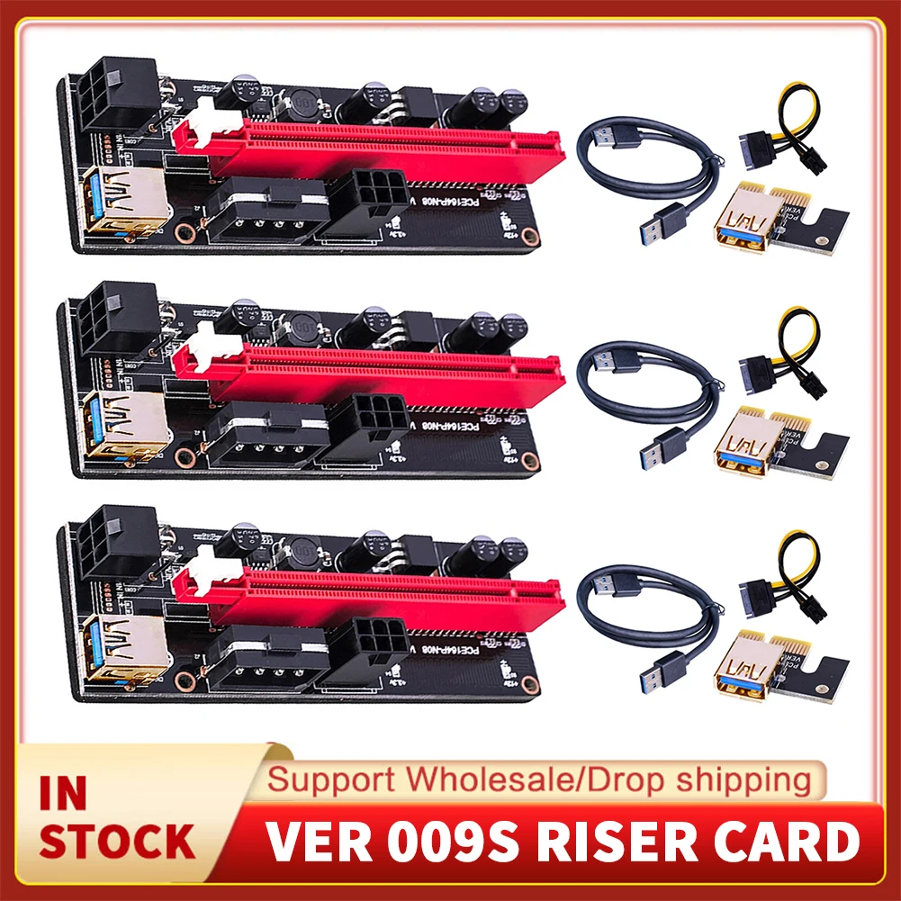 

6PCS VER009 USB 3.0 PCI-E Riser VER 009S Express 1X 4x 8x 16x Extender Riser Adapter Card SATA to 6 pin Power Cable For Mining