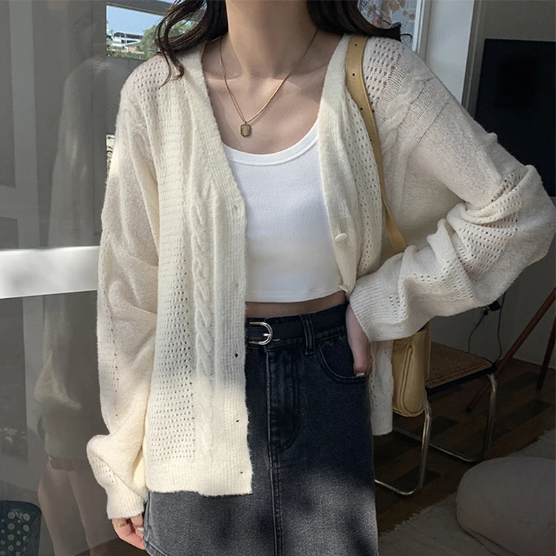 

Women's Loose Long Sleeve Knitted Cardigan Thin Women Hollow Out Sweater Coat Solid Versatile V-Neck Top 2022 New