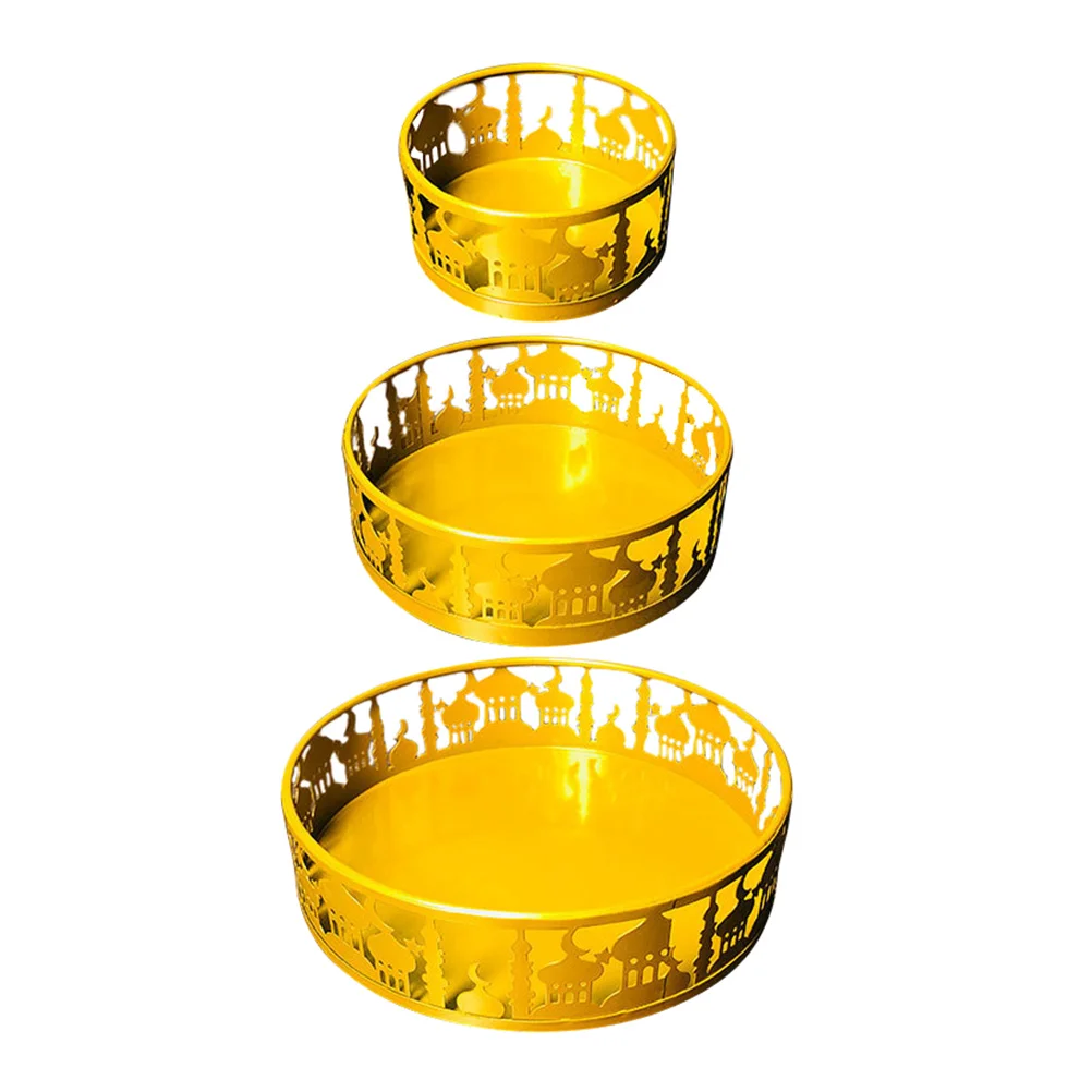 

3Pcs Household Snacks Storage Tray Iron Eid Plate Hollow-out Design Serving Tray