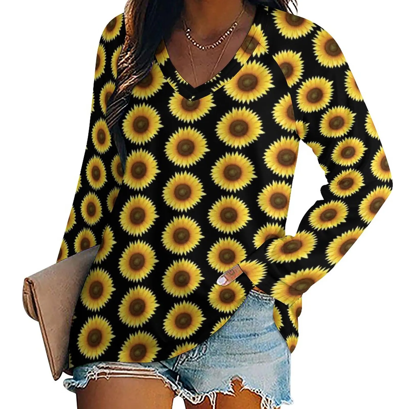 

Футболка женская зимняя с длинным рукавом и принтом подсолнуха, 3XL, 4XL, 5XL